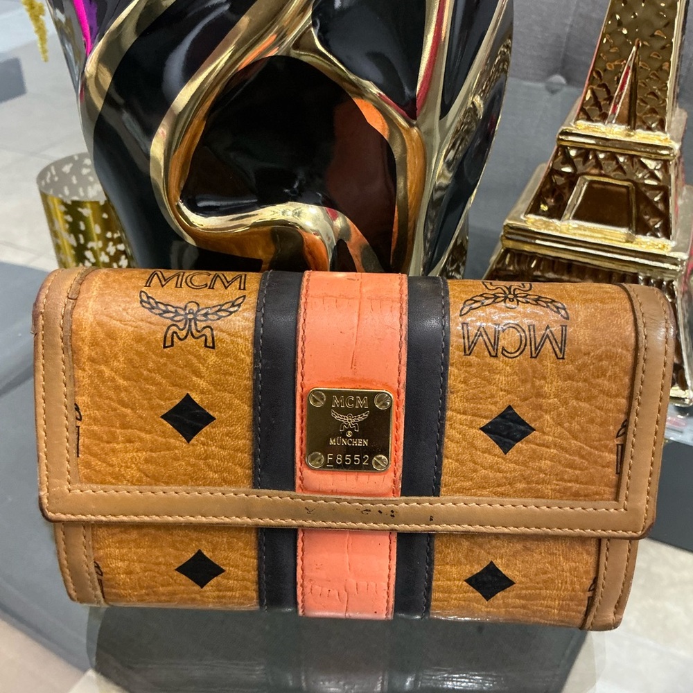 MCM Cognac Leather Trifold Wallet with Black and Coral Accent
